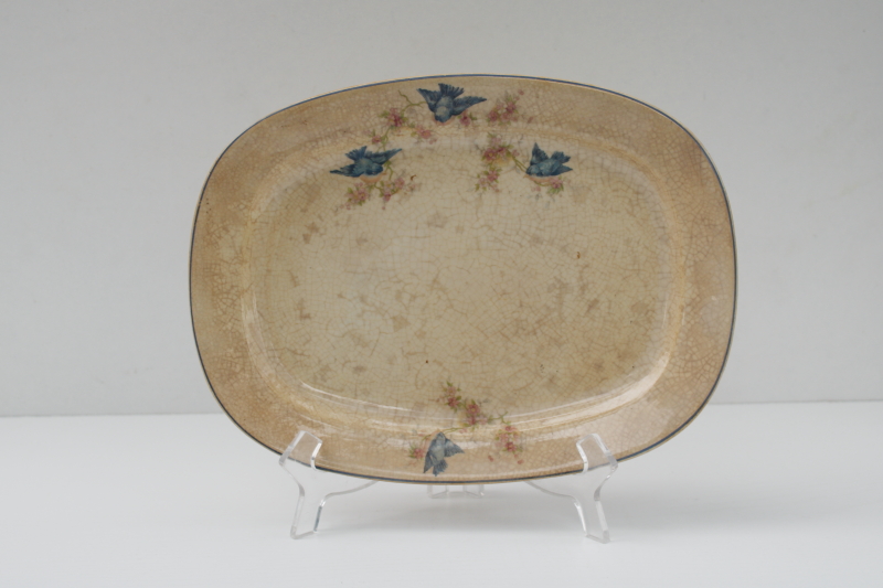 photo of antique bluebird china platter or tray, shabby browned stained china early 1900s vintage #1