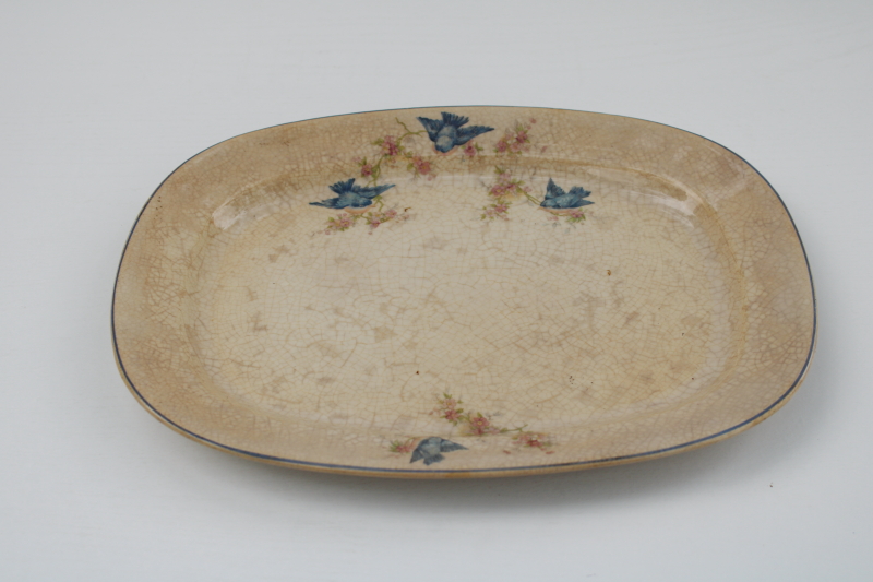 photo of antique bluebird china platter or tray, shabby browned stained china early 1900s vintage #2