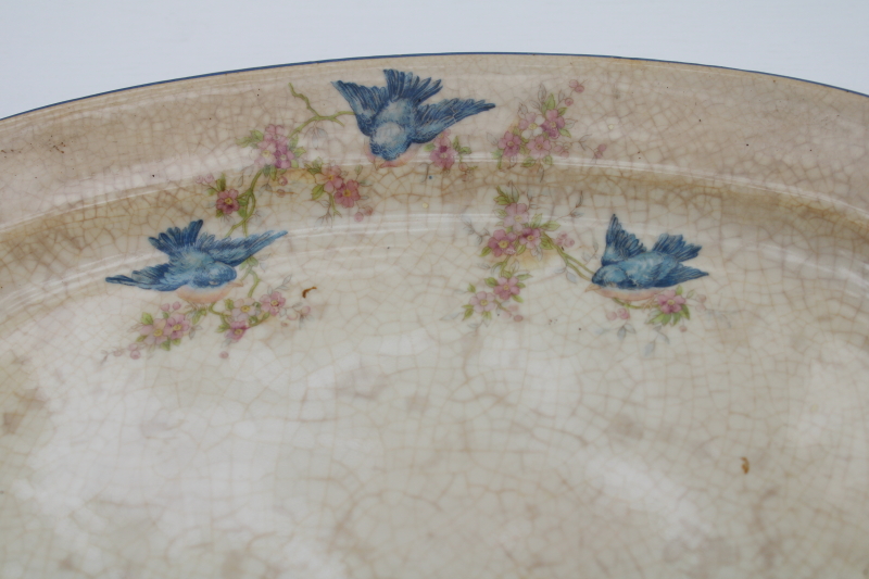 photo of antique bluebird china platter or tray, shabby browned stained china early 1900s vintage #3