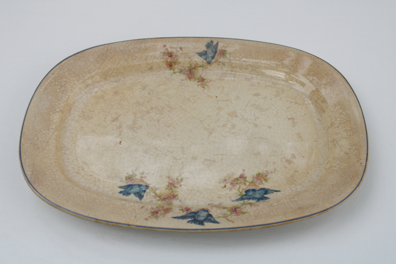 photo of antique bluebird china platter or tray, shabby browned stained china early 1900s vintage #8