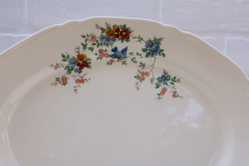 photo of antique bluebird china, shabby stained 1920s vintage Crown Potteries oval platter #2