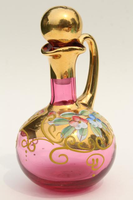 photo of antique bohemian cranberry glass cruet, hand painted enamel and encrusted gold #1