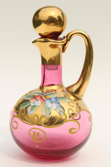 photo of antique bohemian cranberry glass cruet, hand painted enamel and encrusted gold #2