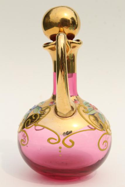 photo of antique bohemian cranberry glass cruet, hand painted enamel and encrusted gold #3