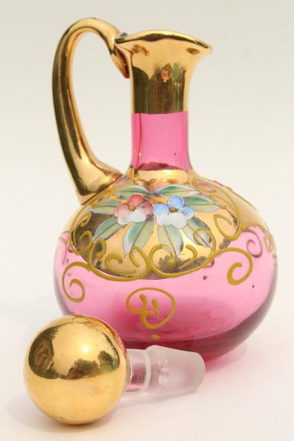 photo of antique bohemian cranberry glass cruet, hand painted enamel and encrusted gold #4