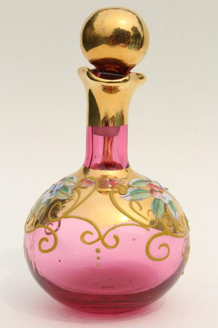 photo of antique bohemian cranberry glass cruet, hand painted enamel and encrusted gold #5