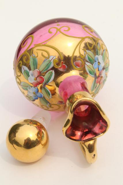 photo of antique bohemian cranberry glass cruet, hand painted enamel and encrusted gold #6