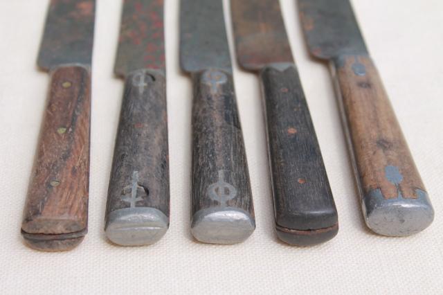 photo of antique bone antler handles & wood handled table / dinner knives, civil war vintage flatware #2