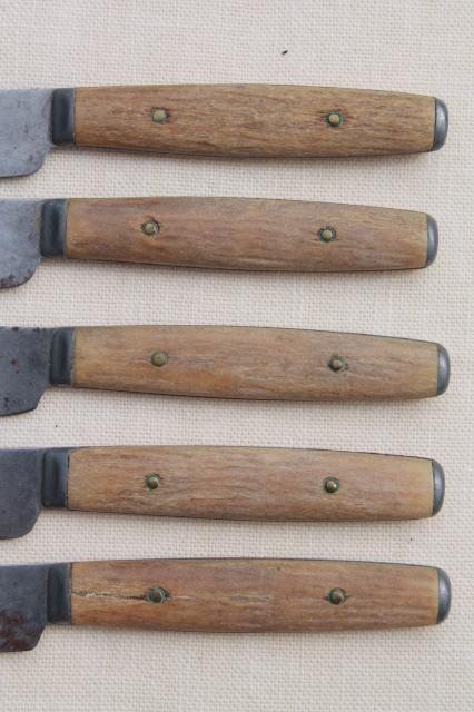 photo of antique bone antler handles & wood handled table / dinner knives, civil war vintage flatware #8