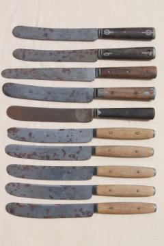 catalog photo of antique bone antler handles & wood handled table / dinner knives, civil war vintage flatware