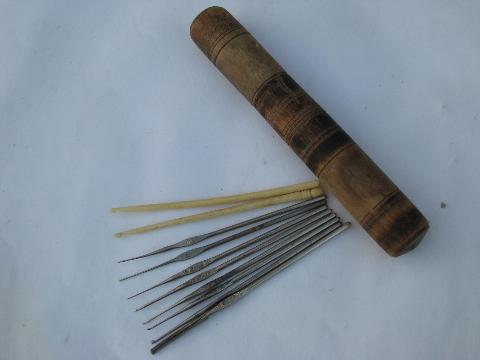 photo of antique bone crochet hooks, vintage steel lace making tools, old wood case #1