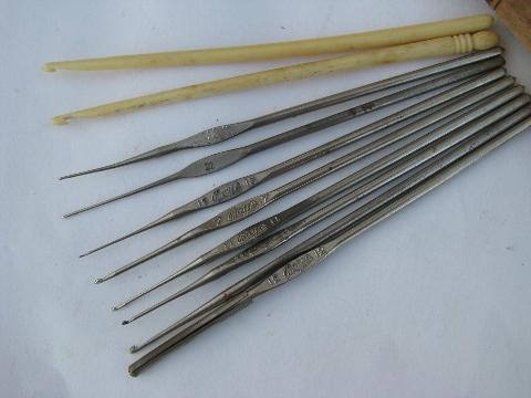 photo of antique bone crochet hooks, vintage steel lace making tools, old wood case #2