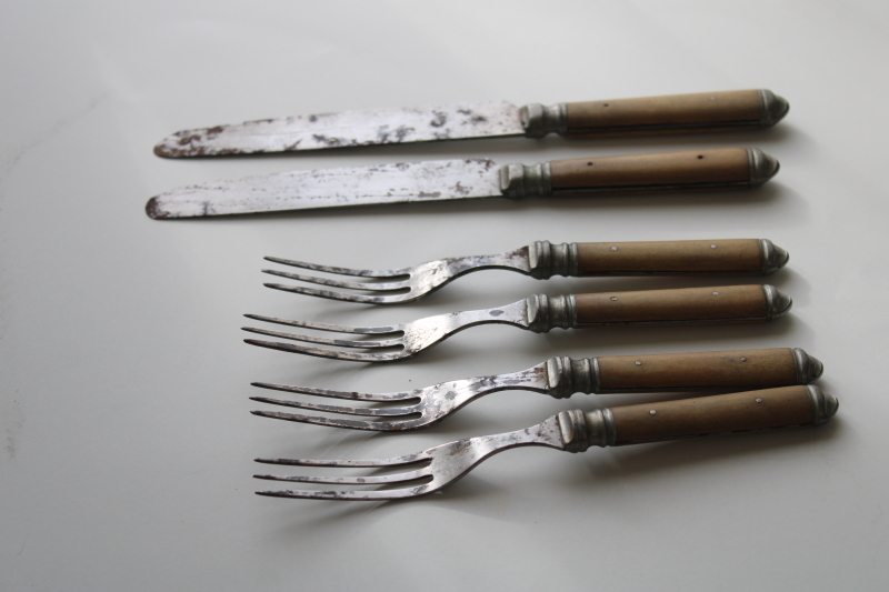 photo of antique bone handled flatware, early 1900s vintage three tine forks and table knives #1