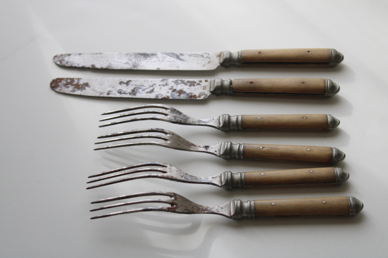 photo of antique bone handled flatware, early 1900s vintage three tine forks and table knives #3