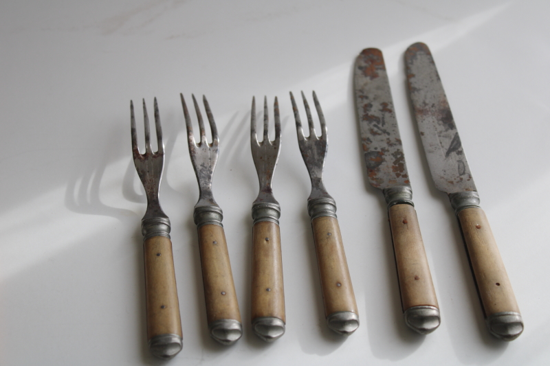 photo of antique bone handled flatware, early 1900s vintage three tine forks and table knives #5