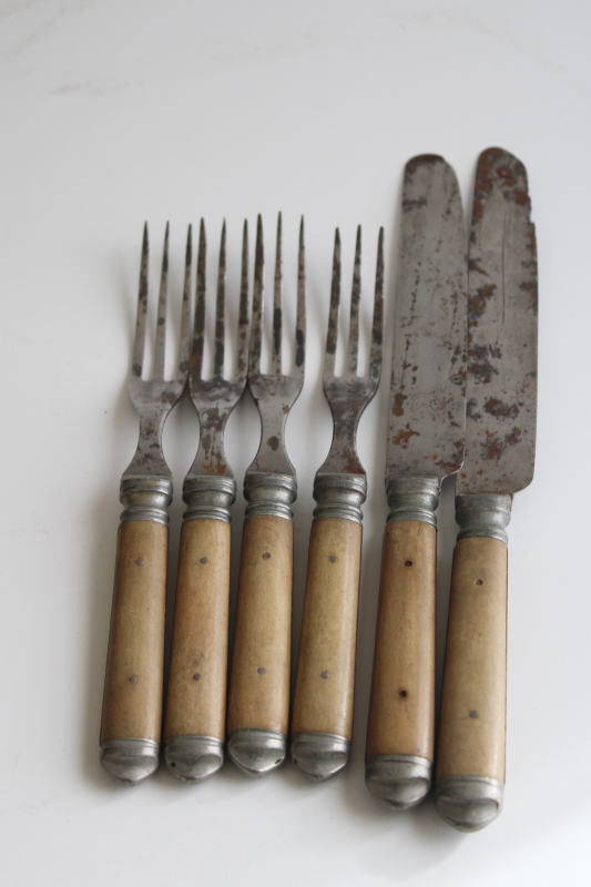 photo of antique bone handled flatware, early 1900s vintage three tine forks and table knives #6