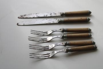 catalog photo of antique bone handled flatware, early 1900s vintage three tine forks and table knives