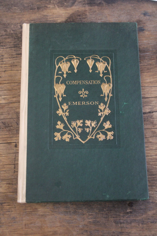 photo of antique book Compensation Ralph Waldo Emerson embossed gold cover floral bleeding hearts  #1