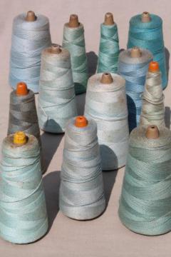 catalog photo of antique bottle blue aqua shades primitive grubby old spools of vintage cotton cord thread