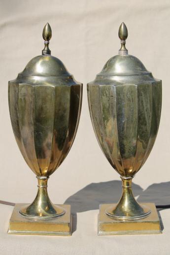 photo of antique brass andiron urn lamps, pair of deco vintage fireplace footlight torchieres #4