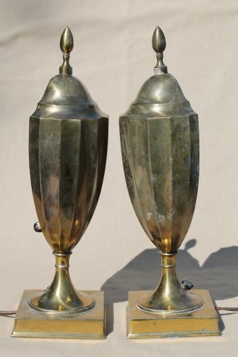 photo of antique brass andiron urn lamps, pair of deco vintage fireplace footlight torchieres #5