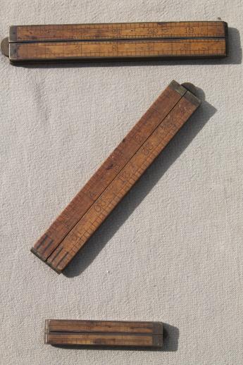 photo of antique brass & boxwood folding rulers, Lot of  Stanley rules #62 & #61 vintage brass edged ruler #4