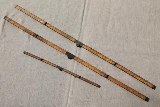 photo of antique brass & boxwood folding rulers, Lot of  Stanley rules #62 & #61 vintage brass edged ruler #5