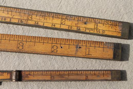 photo of antique brass & boxwood folding rulers, Lot of  Stanley rules #62 & #61 vintage brass edged ruler #6