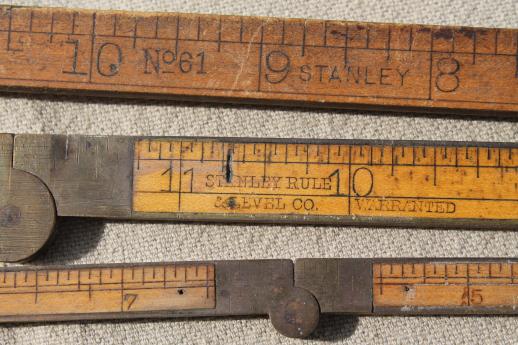 photo of antique brass & boxwood folding rulers, Lot of  Stanley rules #62 & #61 vintage brass edged ruler #7