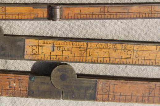 photo of antique brass & boxwood folding rulers, Lot of  Stanley rules #62 & #61 vintage brass edged ruler #8