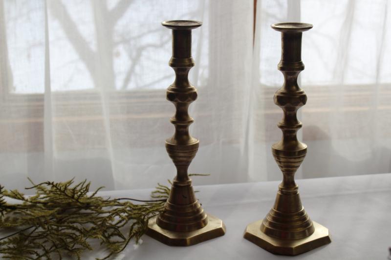 photo of antique brass candlesticks marked Solid English, Victorian vintage candle holders #1