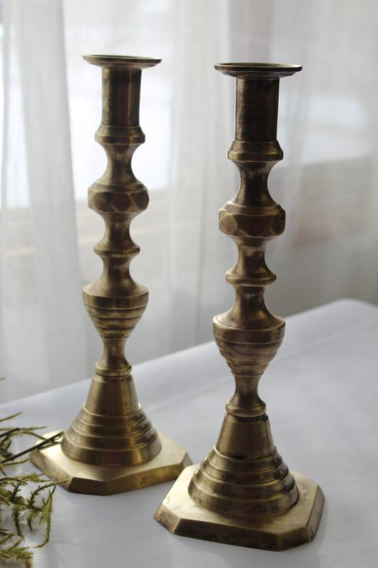 photo of antique brass candlesticks marked Solid English, Victorian vintage candle holders #3