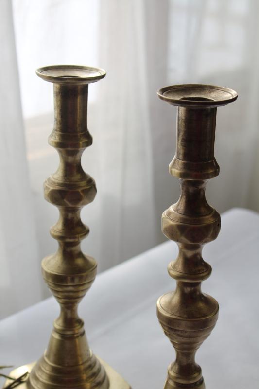 photo of antique brass candlesticks marked Solid English, Victorian vintage candle holders #4