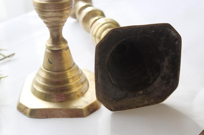 photo of antique brass candlesticks marked Solid English, Victorian vintage candle holders #6