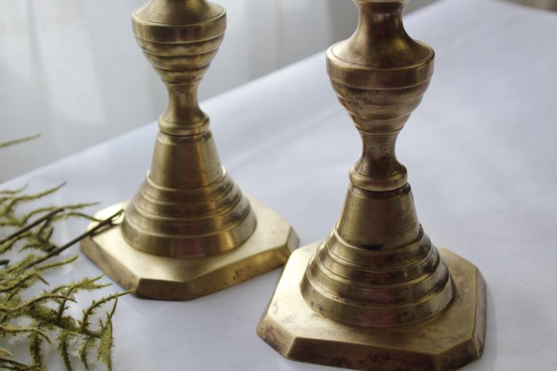 photo of antique brass candlesticks marked Solid English, Victorian vintage candle holders #11