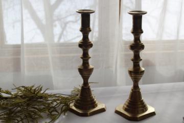 catalog photo of antique brass candlesticks marked Solid English, Victorian vintage candle holders