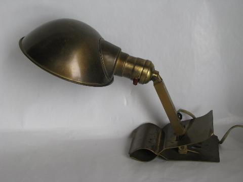 photo of antique brass clamp-on desk work or bed light w/ helmet shade & 1907 patent #1