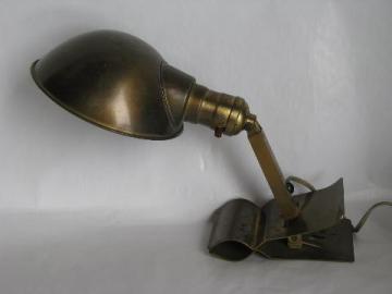 catalog photo of antique brass clamp-on desk work or bed light w/ helmet shade & 1907 patent