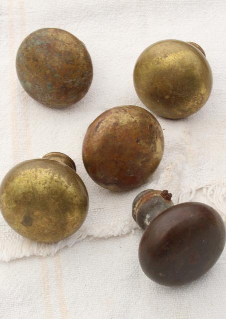 photo of antique brass door knobs, original brass patina doorknobs vintage hardware lot #6