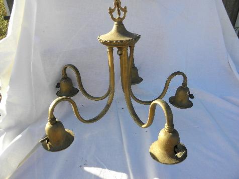 photo of antique brass hanging lamp, early electric chandelier light, original hardware #1