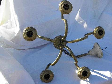 photo of antique brass hanging lamp, early electric chandelier light, original hardware #2