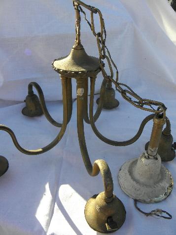 photo of antique brass hanging lamp, early electric chandelier light, original hardware #4