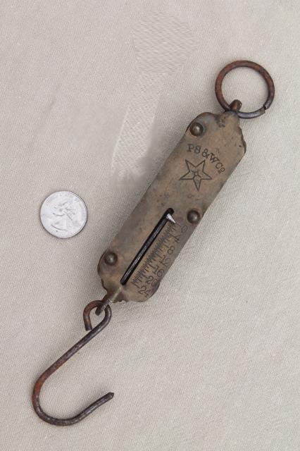 photo of antique brass hanging scale, early century vintage PS&W Co spring balance #1