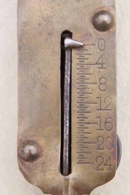 photo of antique brass hanging scale, early century vintage PS&W Co spring balance #7