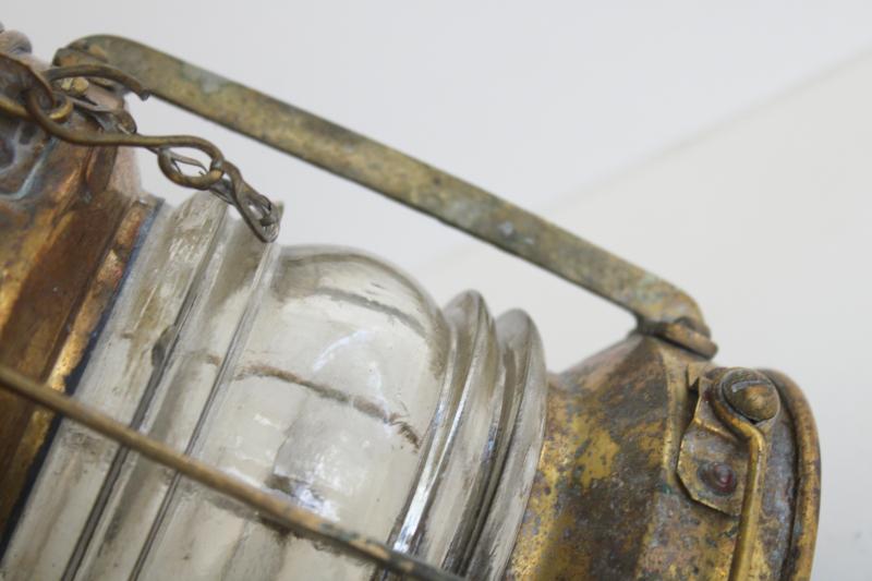 photo of antique brass lantern from Lake Michigan buoy, oil lamp nautical navigation signal light #16