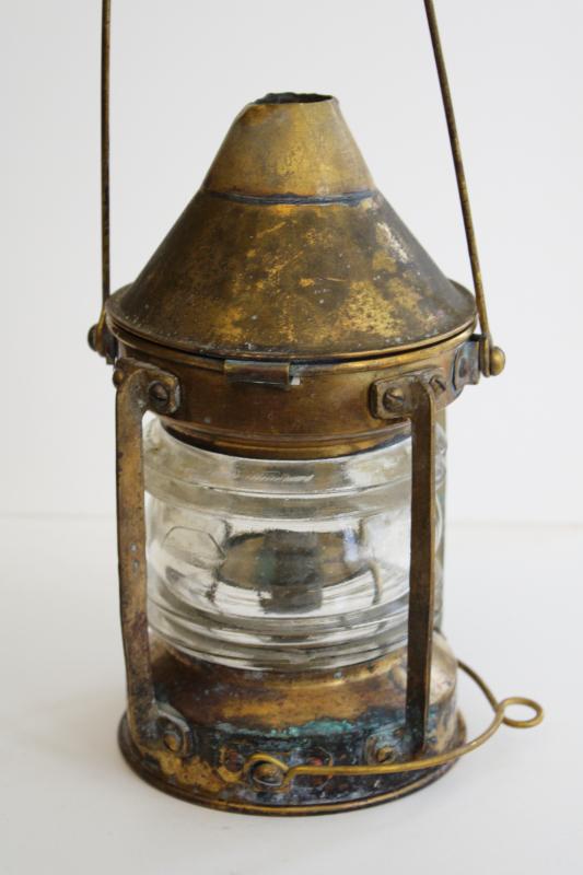 photo of antique brass lantern from Lake Michigan buoy, oil lamp nautical navigation signal light #17