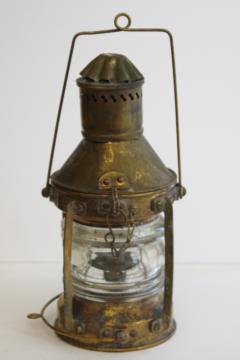 catalog photo of antique brass lantern from Lake Michigan buoy, oil lamp nautical navigation signal light