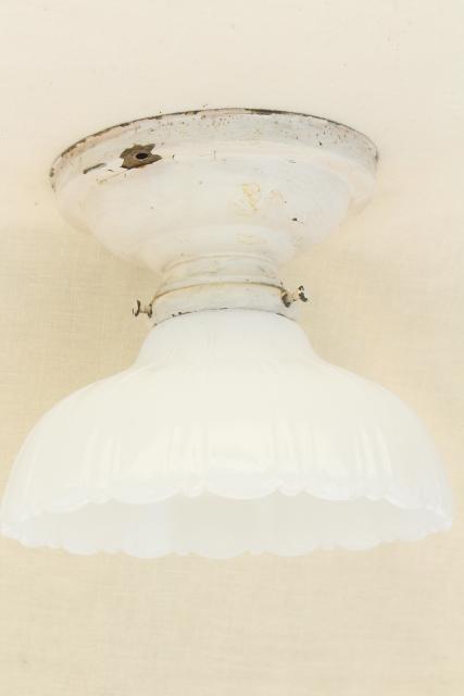 photo of antique brass light, flush mount ceiling fixture w/ white milk glass fluted shade #1