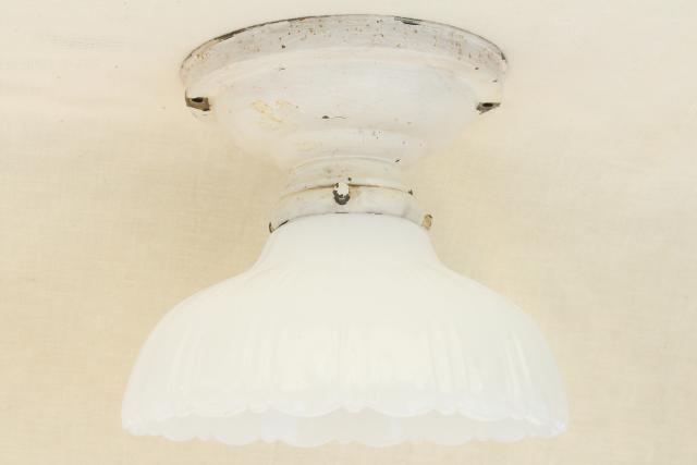 photo of antique brass light, flush mount ceiling fixture w/ white milk glass fluted shade #4