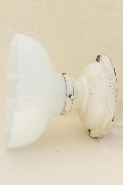 photo of antique brass light, flush mount ceiling fixture w/ white milk glass fluted shade #5